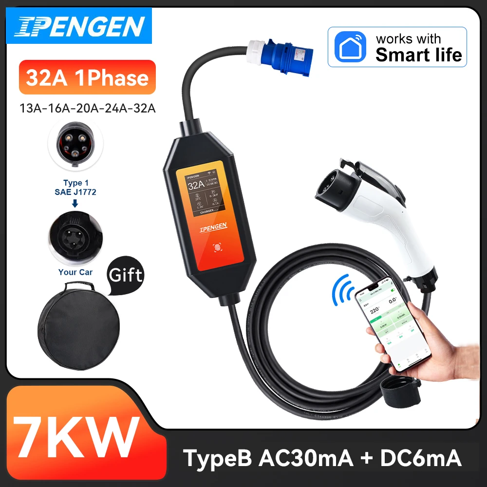 IPENGEN Type1 32A 7kW EV Charger Portable Electric Vehicle Charger Adjust Current and Set Delay Time CEE Plug WiFi APP Control