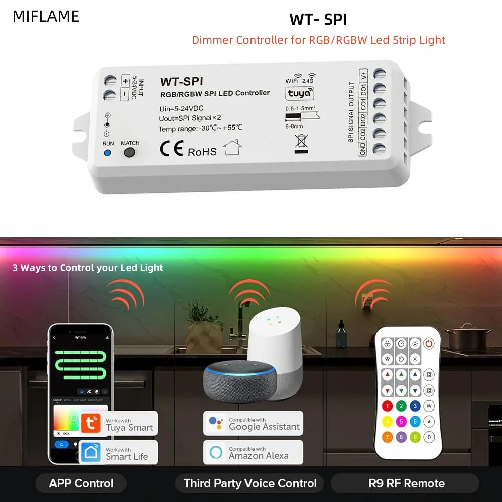 WT-SPI WiFi Tuya RGB RGBW SPI Kontroler LED dla WS2815 WS2812B WS2811 Pixel GS8208 Taśma LED 2.4G RF Remote Alexa Google