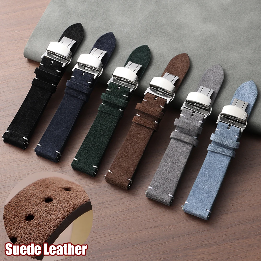 Butterfly Buckle Quick Release Calfskin Watchband 20mm 22mm Vintage Suede Leather WatchStrap for Seiko for Omega Suede Watchband