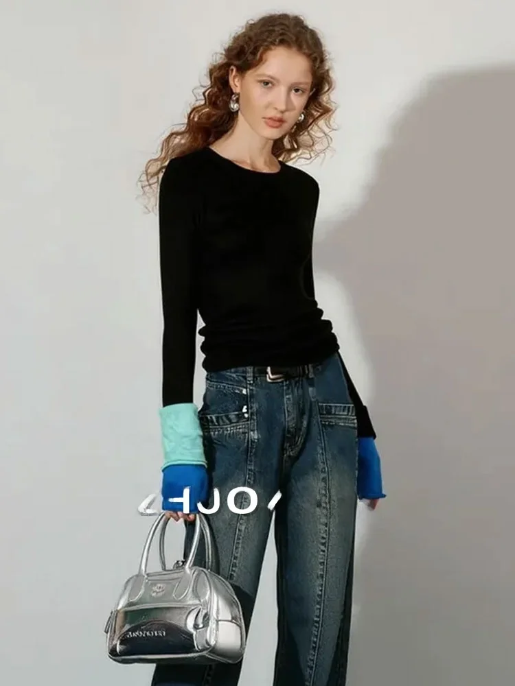 

Женский топ ZhuoZhi Color Blo Knitwear с круглым вырезом и длинными рукавами, асимметричный дизайн, мягкая ткань, для повседневной носки, осенняя коллекция.