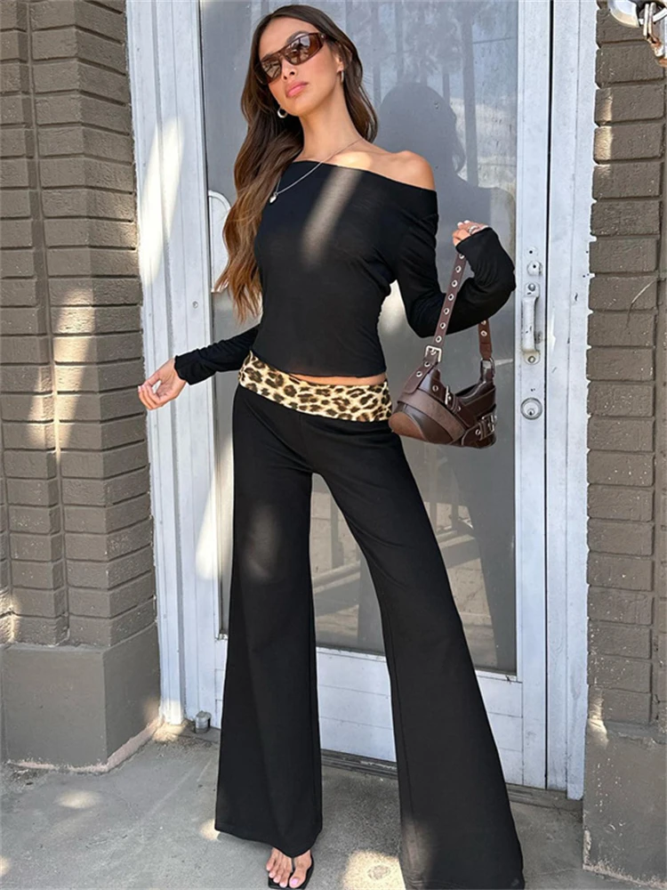 Absobe Leopard Print Fold Over Flare Pants Two Piece Set Women Long Sleeve Crop Top Trousers Slim Outfit Hottie Streetwear