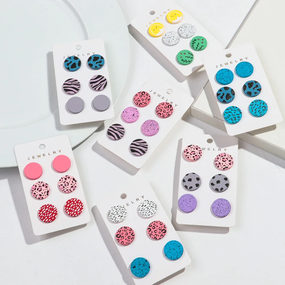 3Pairs/set Colorful Acrylic Love Heart Round Earrings for Women Girls Simple Leopard Dots Earrings Trend Jewelry