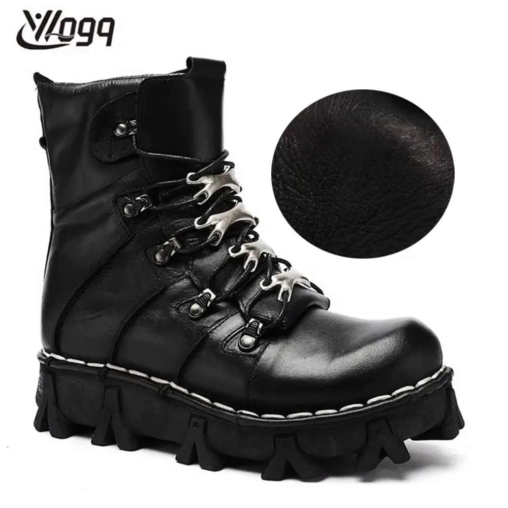 New Men's Cowhide Genuine Leather Motorcycle Boots Mid-calf Combat Boots Gothic Skull Punk Boots Men Snow Winter Boots 50