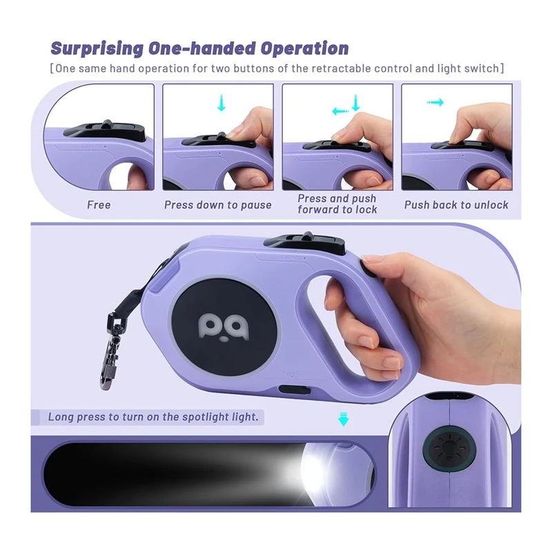 Correa retráctil para perros con luz LED recargable, cinta de nailon resistente de 16 pies para paseos nocturnos de hasta 88 libras, color morado para mascotas, fácil de usar