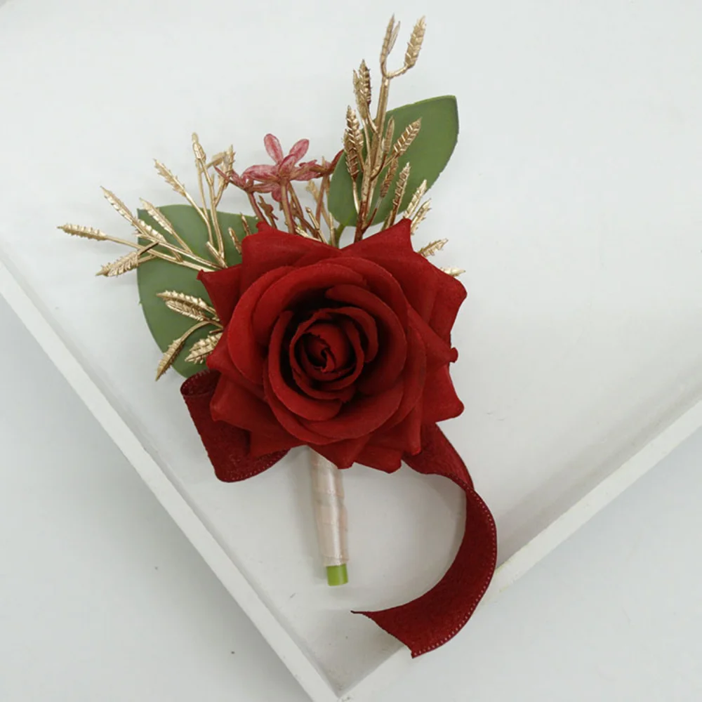 Handmade Flowers Wedding Boutonnier for Bride Pins Dark Red Flowers Bracelet GroomsMen Corsage Silk Rose бутоньерка на руку