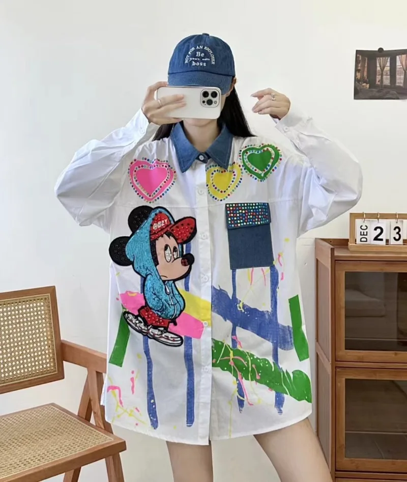 Denim Stitching Cartoon Graffiti Blouse For Women 2024 Autumn New Unique Design Fashion Brand Loose Mid-Length Rhinestone Shirts