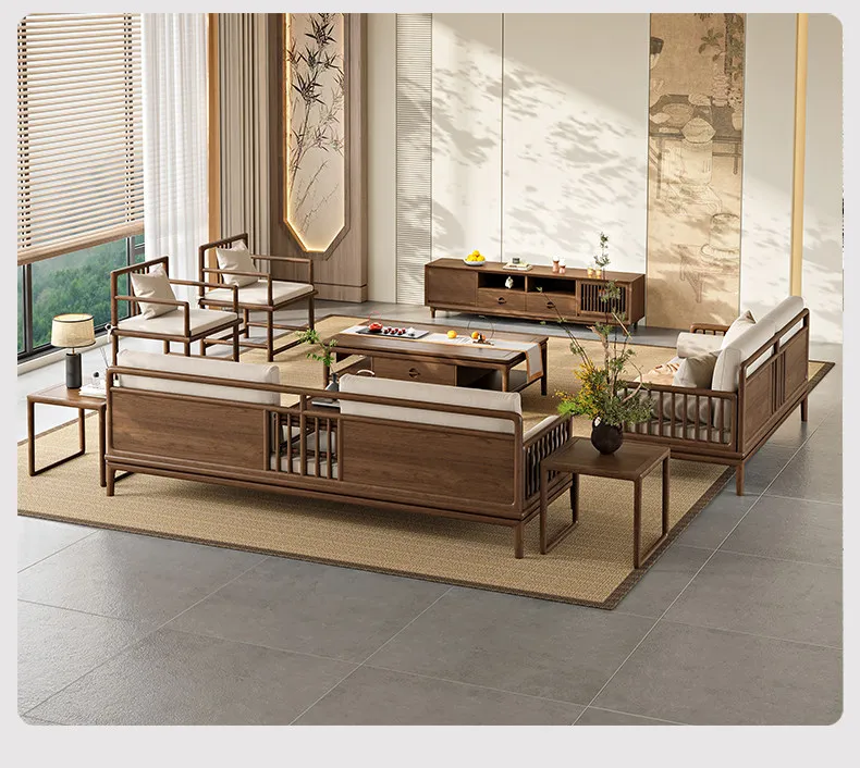 New Chinese-style solid wood sofa living room new black walnut Arhat bed aesthetic large flat furniture