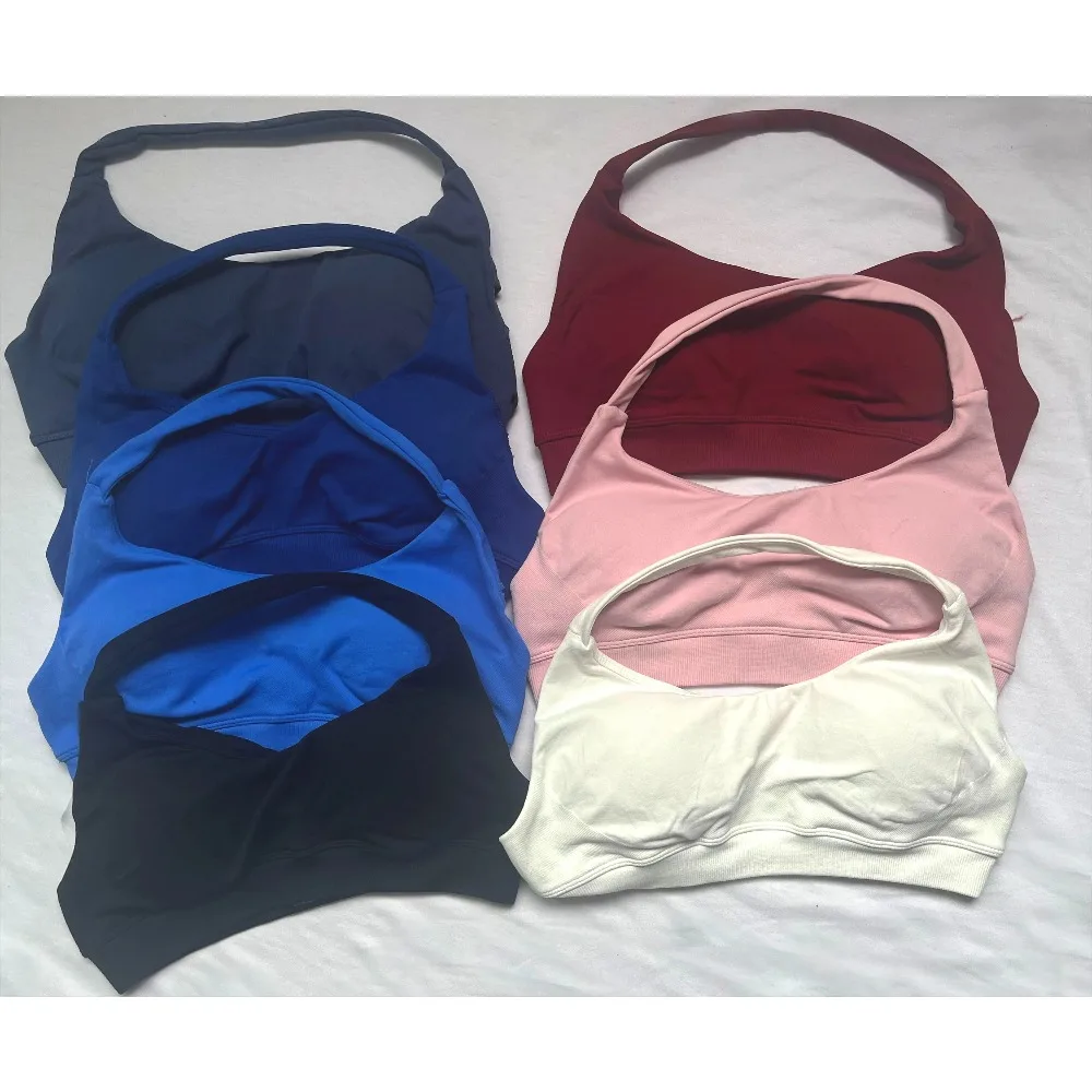 

Wheng Yoga Sports Bra for Women Seamless Halter Neck Strap Bra Sexy Open Back Padded Yoga Top Bra Medium Support Gym Crop Top