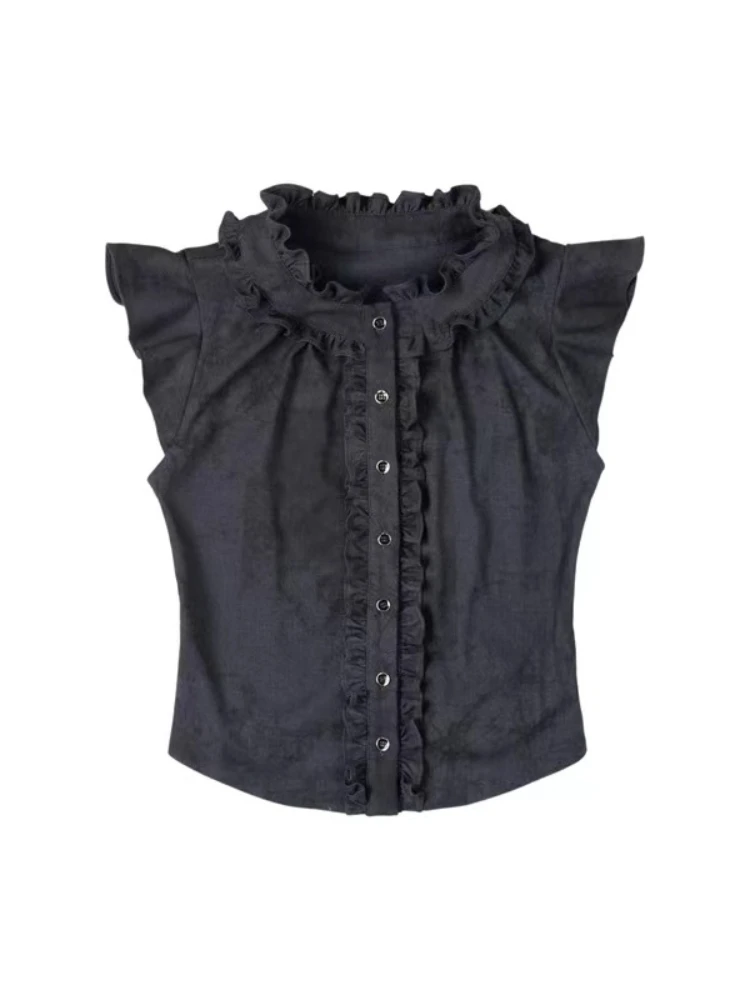 Summer Y2k Aesthetic Retro Flying Sleeve Ruffled Blouse Women Single Breasted Slim Grunge Solid Shirt Harajuku Crop Streetwear