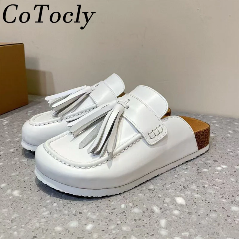 

Classic Thick Sole Mules Shoes Woman Genuine Leather Round Toe Flat Slides Women Fringe Half Pack Slippers For Women