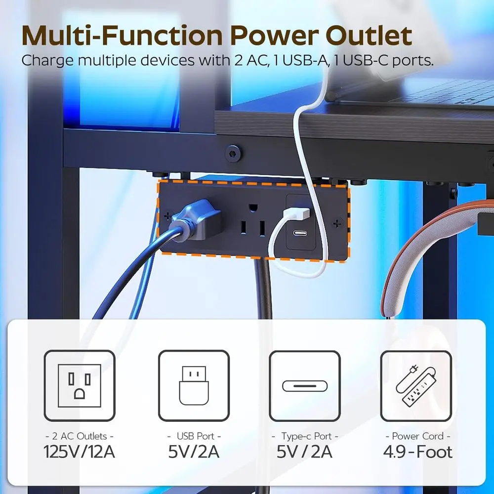 مكتب ألعاب بإضاءة LED مع قاعدة شحن وحامل شاشة، مكتب منزلي أسود بطبقتين مع 4 خطافات جانبية #5