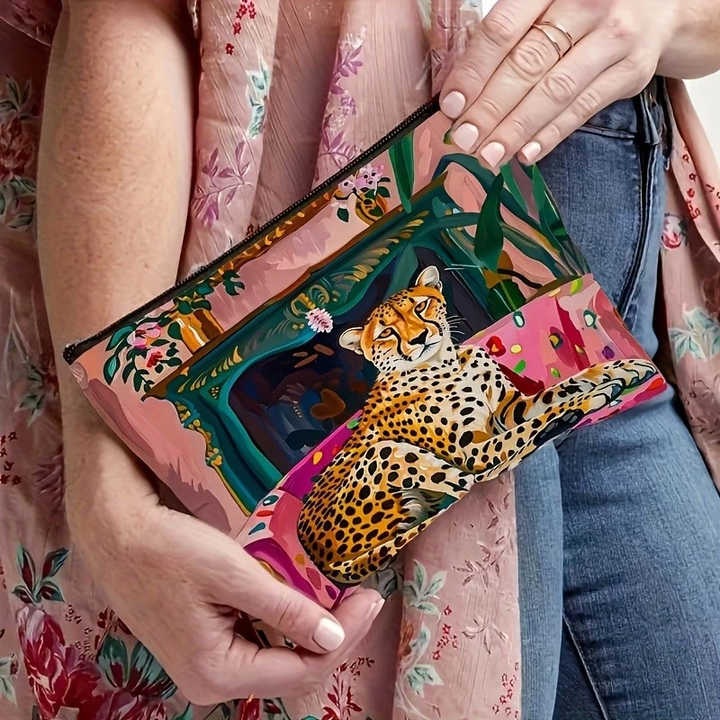 1pc Large Capacity Makeup Bag with Zipper Closure - Elegant Cheetah Print Cosmetic Organizer, Spacious Makeup Case for Women