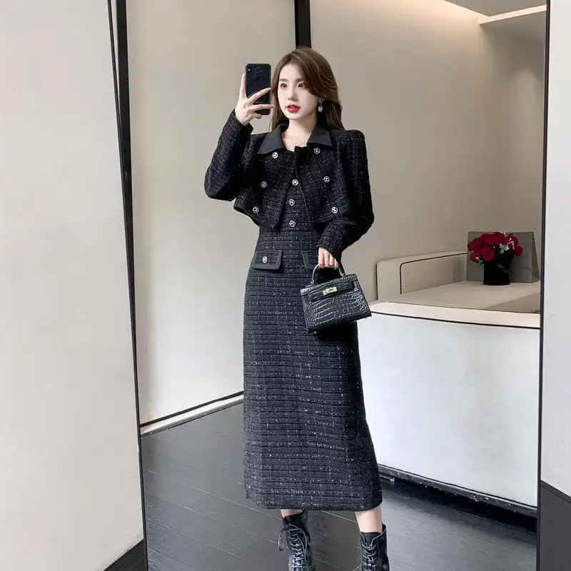 Women's black 2 pieces tweed set jacket+half skirt new autumn/winter socialite small fragrance set