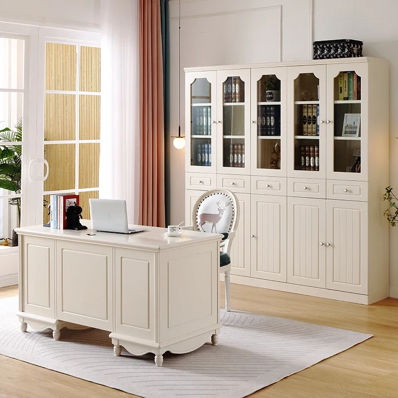 solid wood white small computer desk, European style home student writing desk