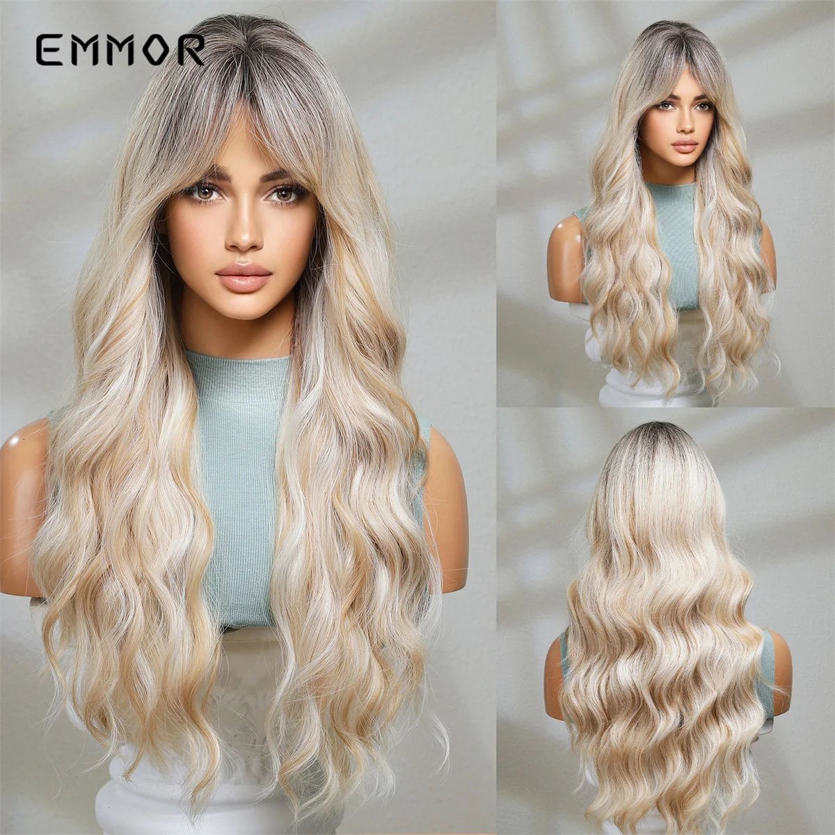 

Emmor Mixed Blonde Brown Wig Synthetic Wavy Wigs with Bangs for Women Cosplay Party Lolita Use Heat Resistant Fiber Hair Wig