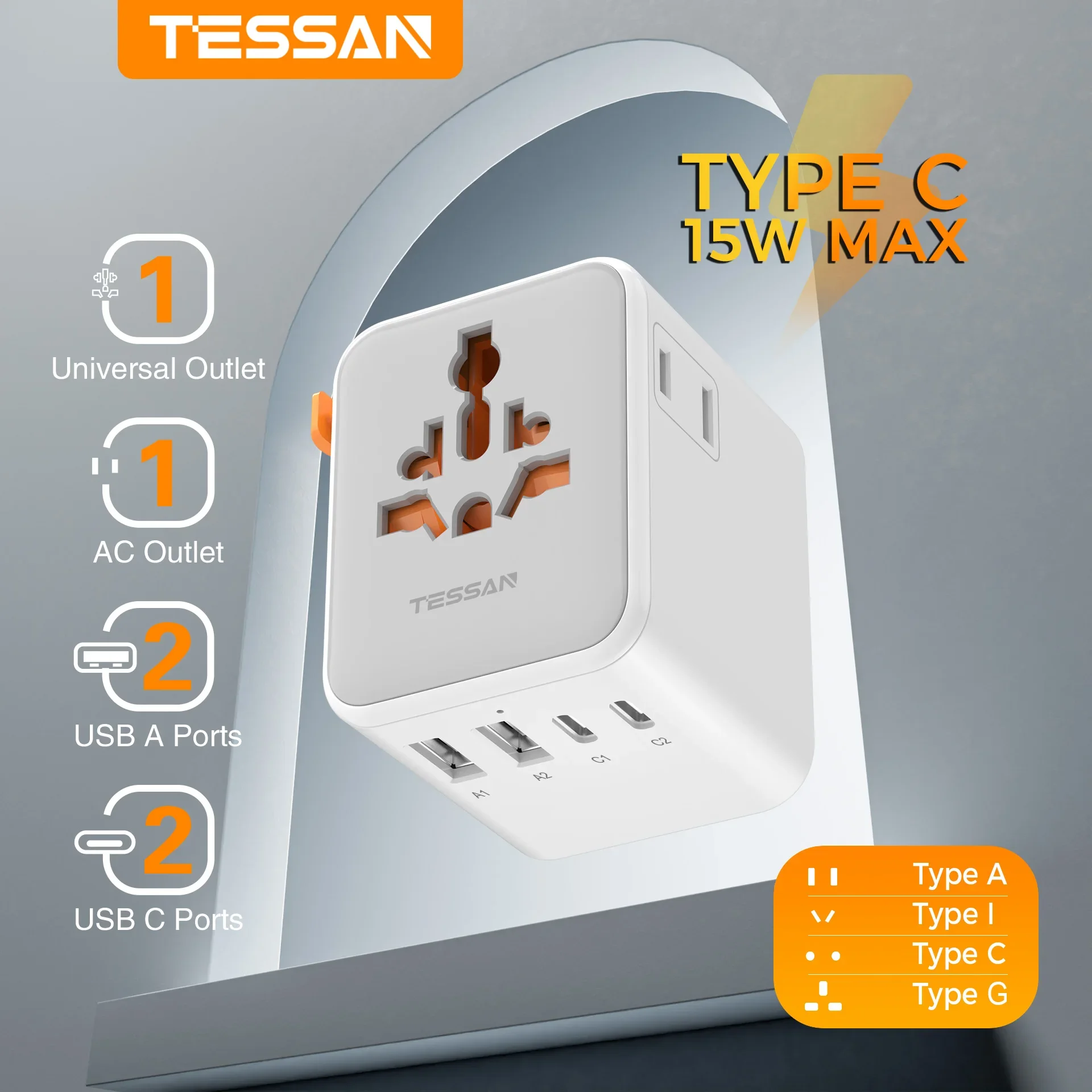 TESSAN GaN International Plug Adapter Universal Travel Adapter with USB Ports Universal Outlet and US To EU/UK/AUS Extra Outlet