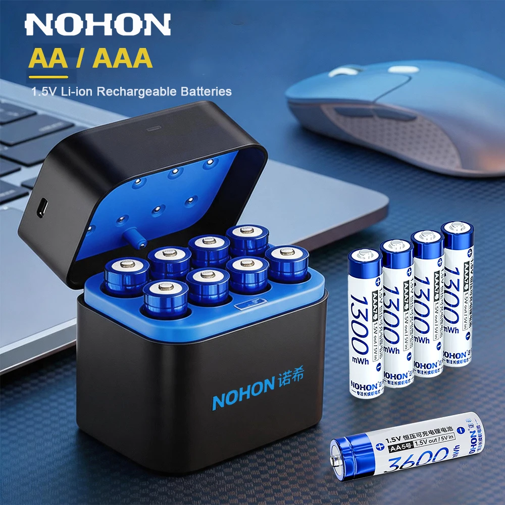 

NOHON 1.5V Rechargeable AA 3600mWh/ AAA 1300mWh Lithium Batteries High-Capacity Li-ion Battery 1200 Cycles with USB-Type C Cable