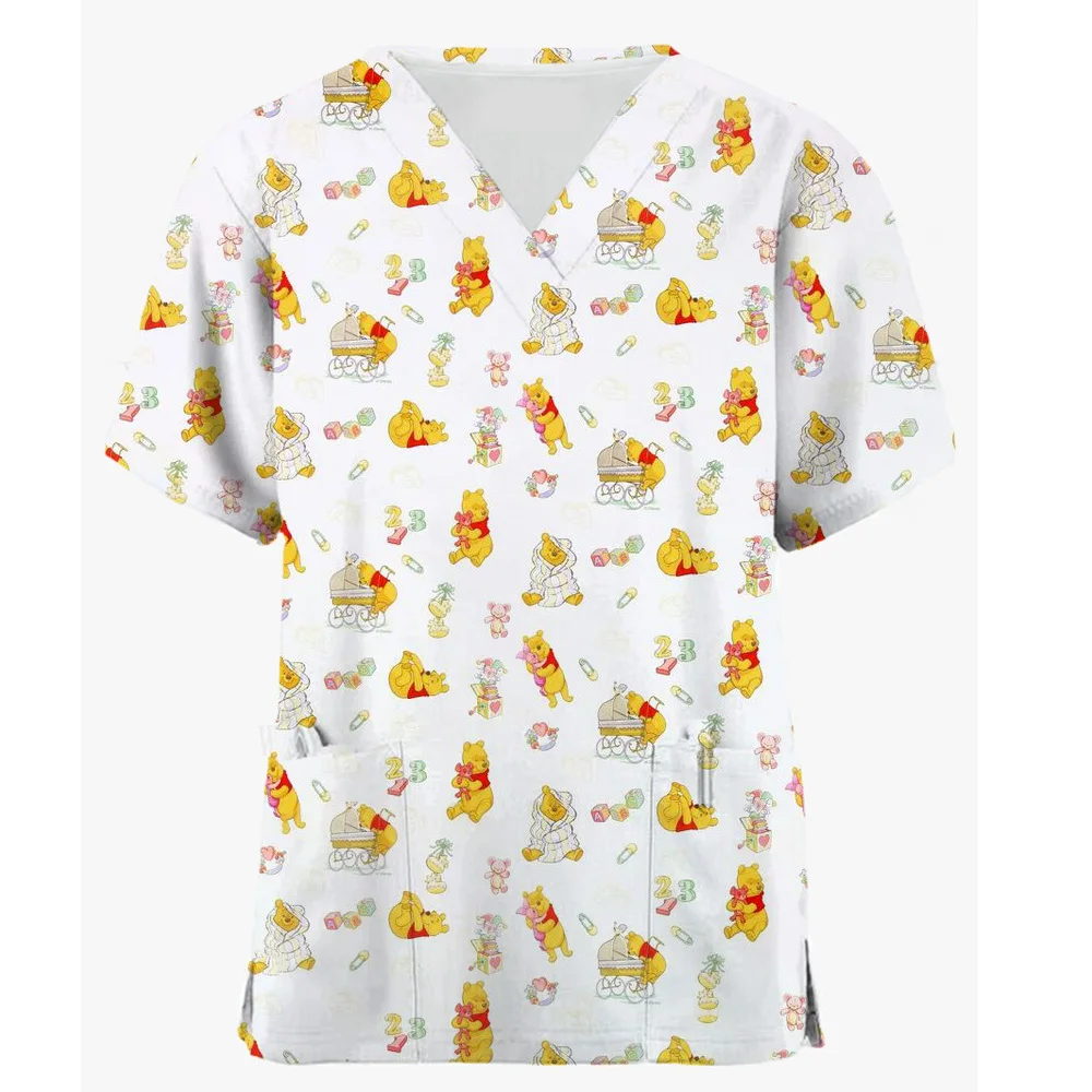 Disney Winnie The Pooh Enfermeira Uniforme para Mulheres, V-neck Tops, Manga Curta, Bolso Print, Saúde, Pet, Clínica, Carrinho, Workwe 1 Rev, 1.0