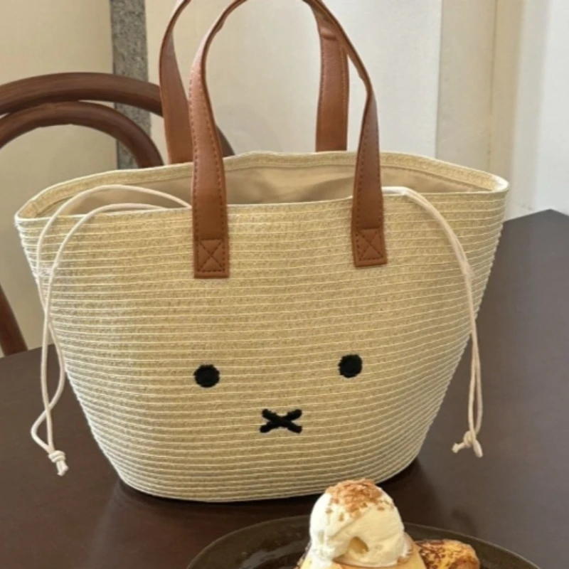 Miffy Kawaii Anime Cartoon Rabbit Handbag Summer Embroidery Straw Bag Cute Simple Edit Advanced Vegetable Basket Bag Gift