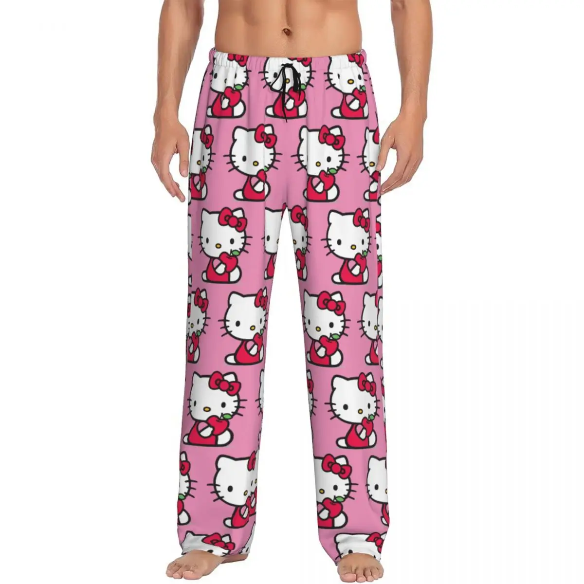 Pantalon de pyjama Hello Kitty pour homme, vêtements de nuit, ceinture élastique, bas de salon avec poches, dessin animé, anime, personnalisé