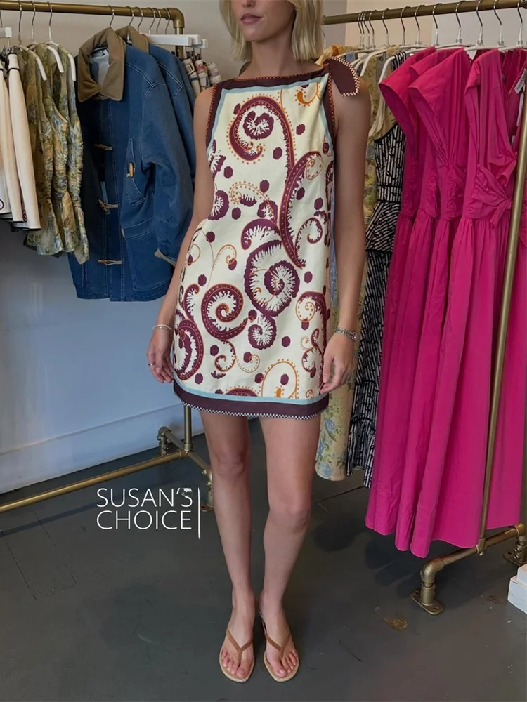 

Susan Australian Wilson Silk Linen Belted Straight Vest Dress Short Slimming Retro Women's Citywalk Summer Dress
