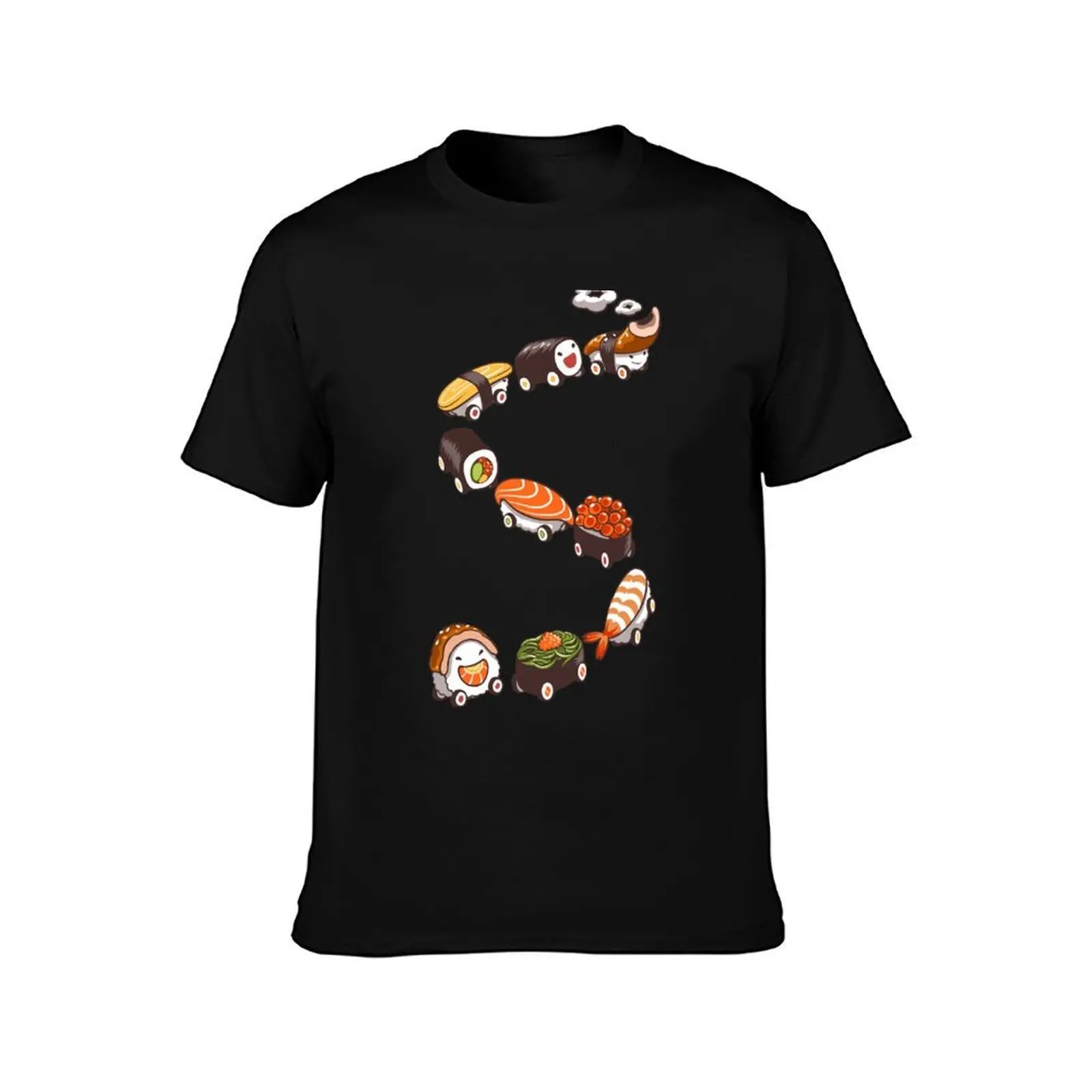 Salmon, Ikura, Ebi, Tamago Nigiri Sushi Train T-Shirt, Summer Casual Cotton Tee, Oversized Streetwear Tops, Unisex Men Women
