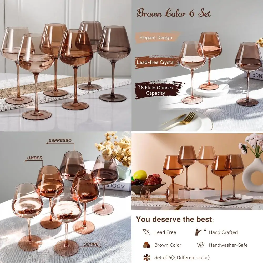 

Set of 6 Hand Blown Amber Wine Glasses 18oz, Unique Melanin Colored Stemware, 2025 Mocha Long-Tail Keyword