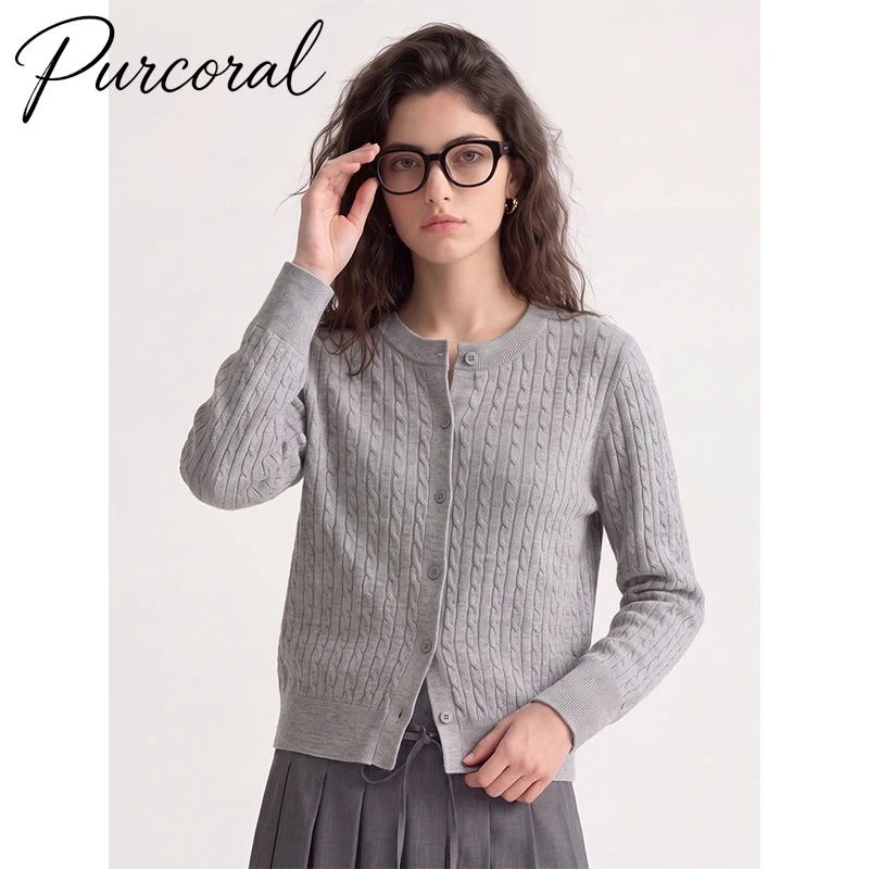 Purcoral 2026 Women Wool Blend Cable Knit Cardigan Long Sleeve Crew Neck Button Up Casual Ladies Knitwear Sweater Coat