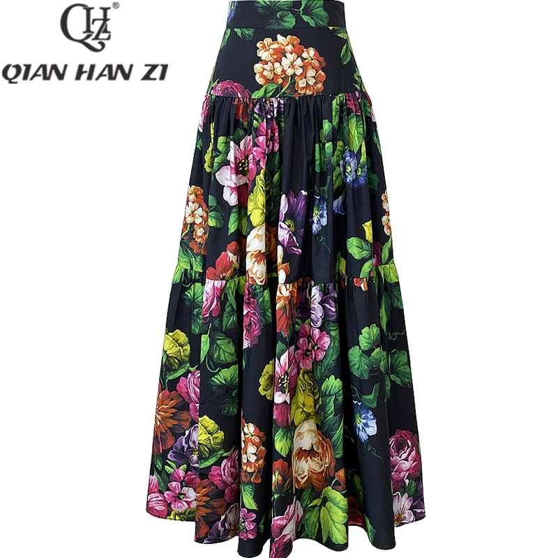 Imagem -05 - Qhz-saia Longa Vintage para Mulheres Estampa Floral 100 Algodão Saia Maxi Elegante Feriado Moda Designer Alta Qualidade