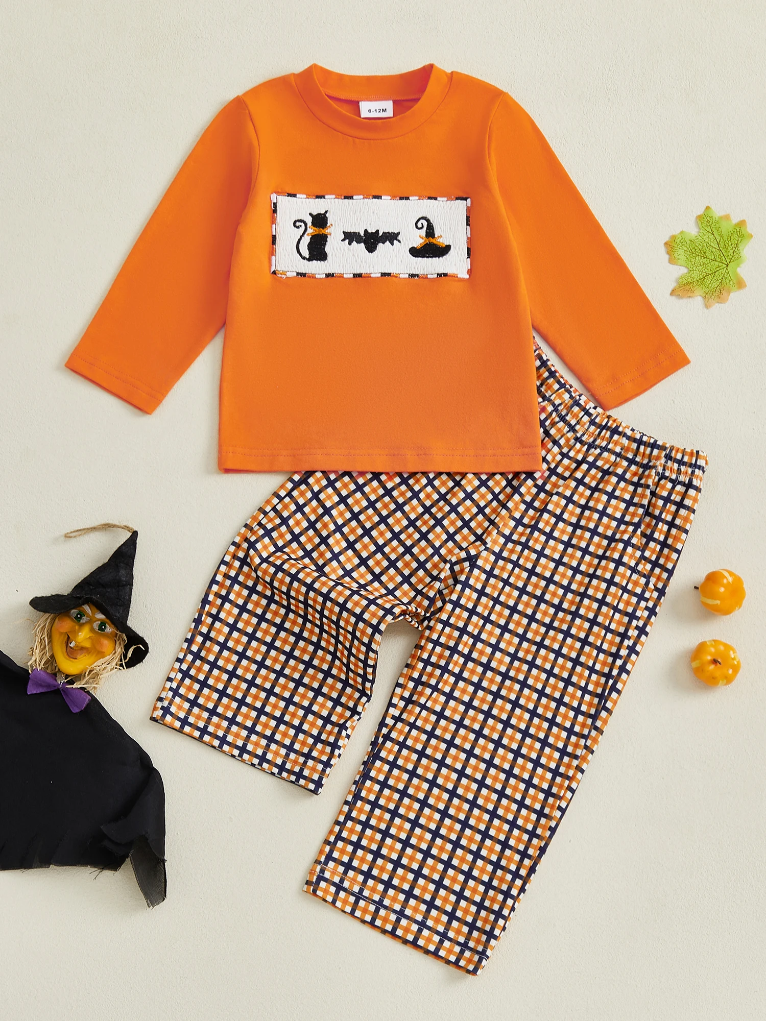 

Kids Halloween Costume Set Black Cat Embroidered Sweater Elastic Waist Plaid Pants 2-Piece Outfit for Fall