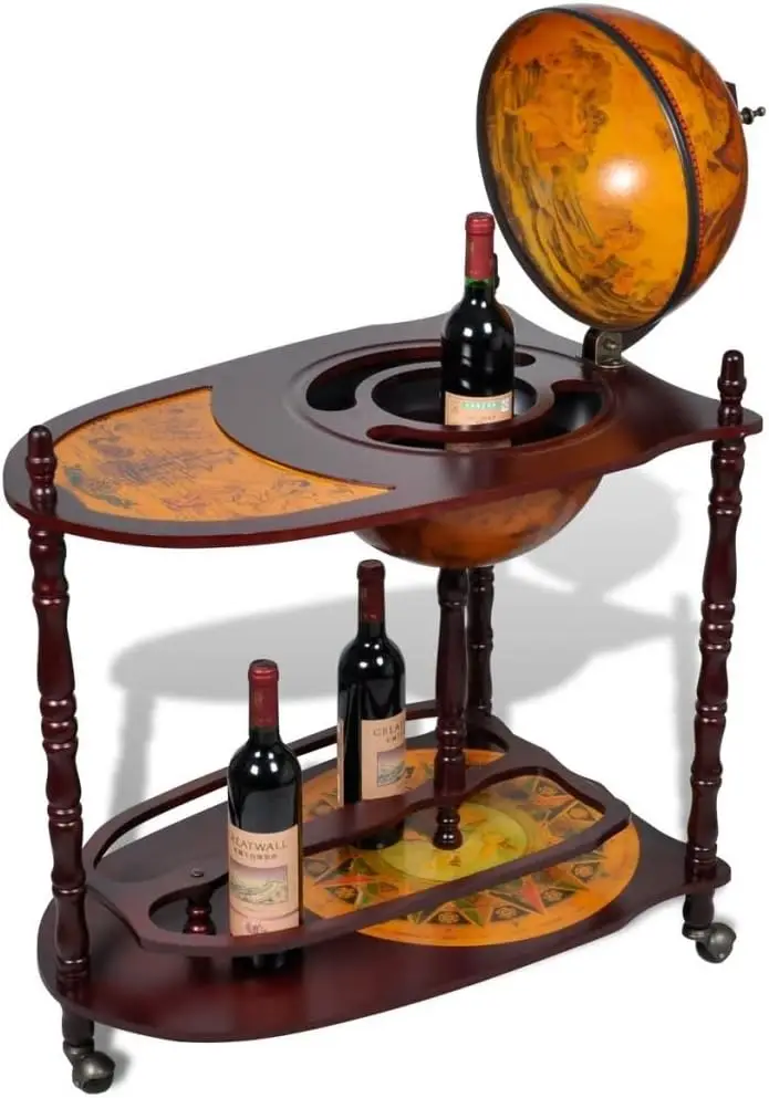 Globe Bar Cart Cabinet On Wheels, Wine Stand Wood Freestanding For Wine Spirits Beverage Stemware 30.3 X 17.7 X 39 Inch (L X W