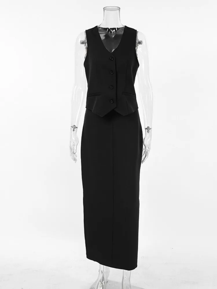 Women\'s Office Black High Waist Suit 2-Pieces Blazers Vest Tops+Hip Long Skirt Outfits Elegant Business Ladies Dress Sets 2024