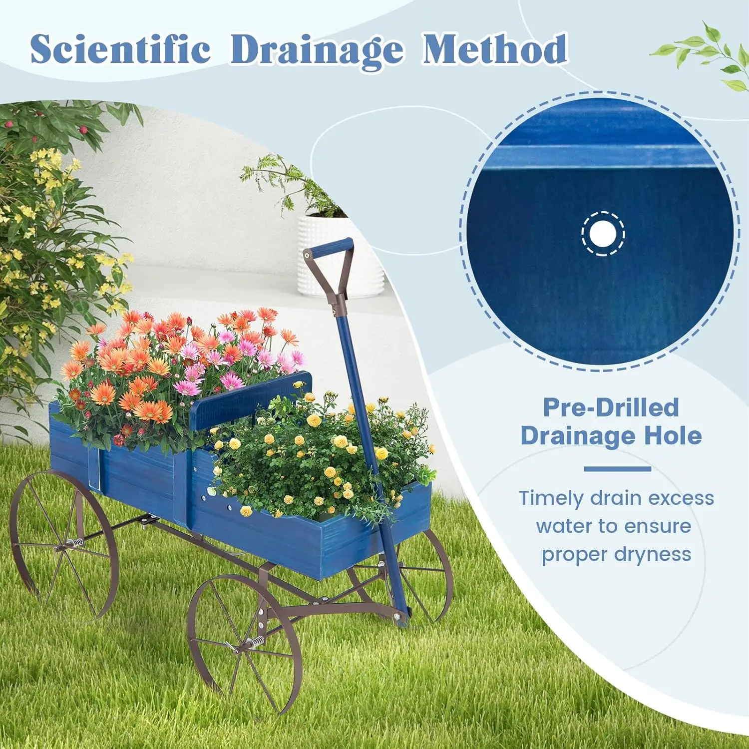 

Wood Wagon Planter, Outdoor Garden Flower Planter Cart with Wheels, Small Decorative Wood Raised Bed Plant Pot Box Stand for Bac