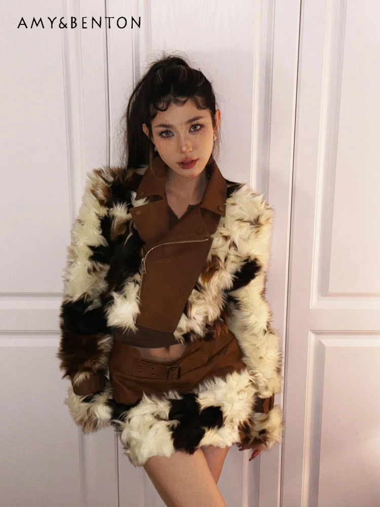 

2025 Autumn Winter New Brown Cow Pattern Plush Fur Leather Patchwork Short Coat High Waist Belt Design Half Skirt