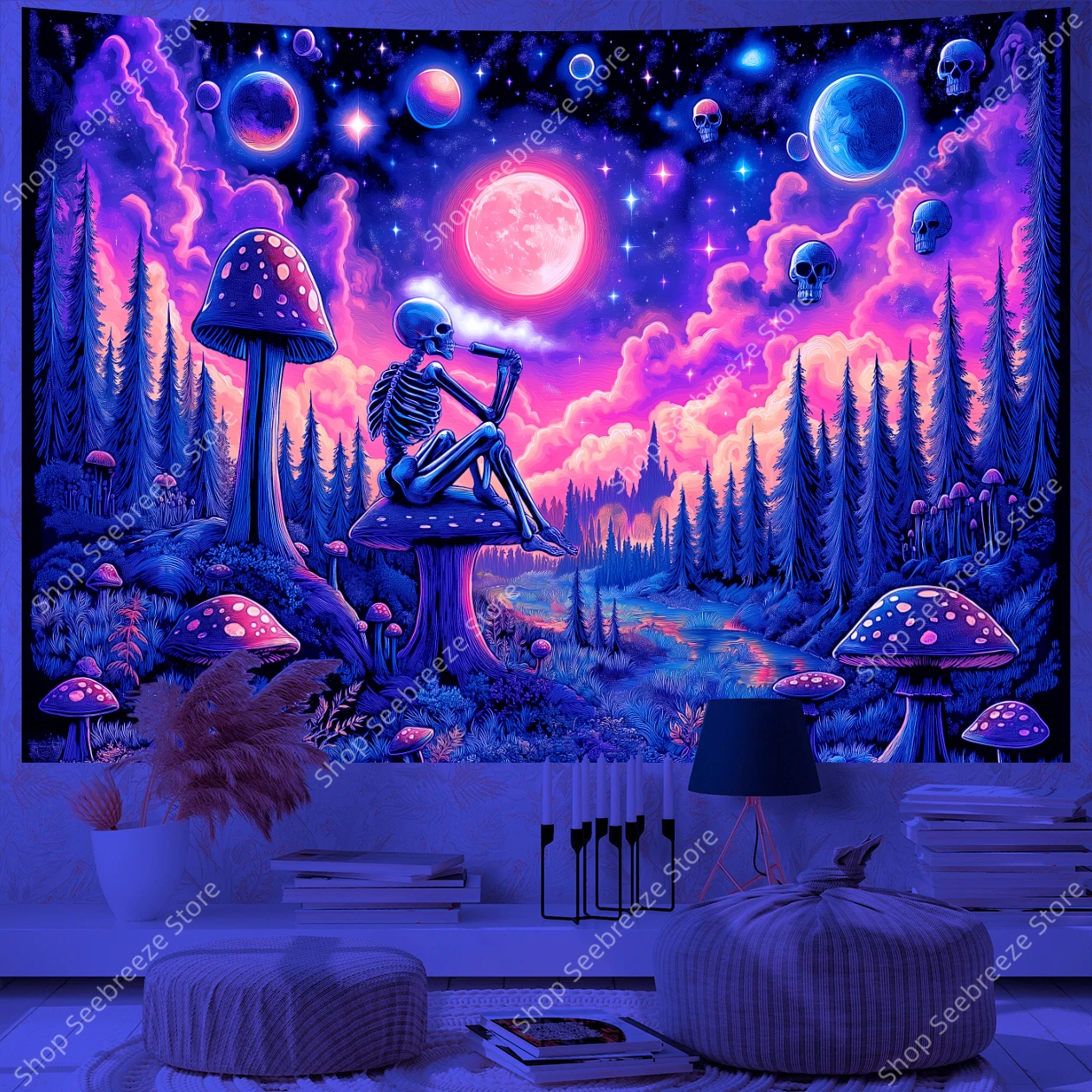 

Enchanting Fantasy Forest Skeleton Smoking Pipe on Mushroom Cosmic Sky UV Tapestry Wall Dormitory Decor for Bedroom Living Room