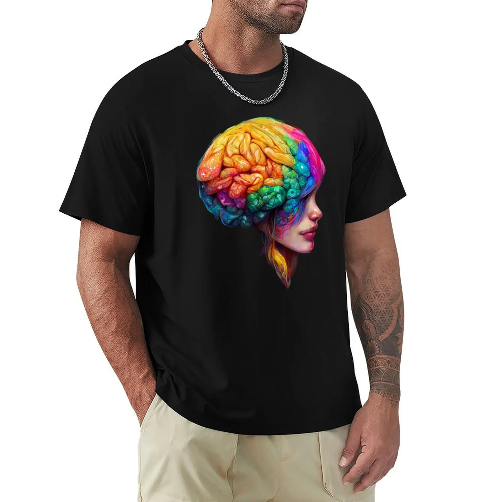 Creative Colourful Human Brain T-Shirt Basic Plain Tee for Spring and Summer