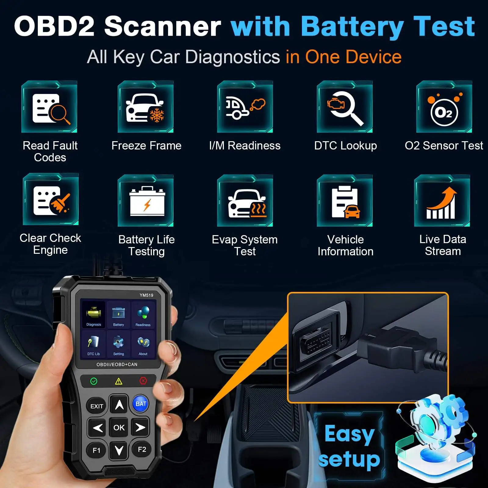 YM519 OBD2 Scanner Diagnostic Tool Read/Clear Codes 2-in-1 Battery Tester 35000 DTC Library for 1996+ Cars