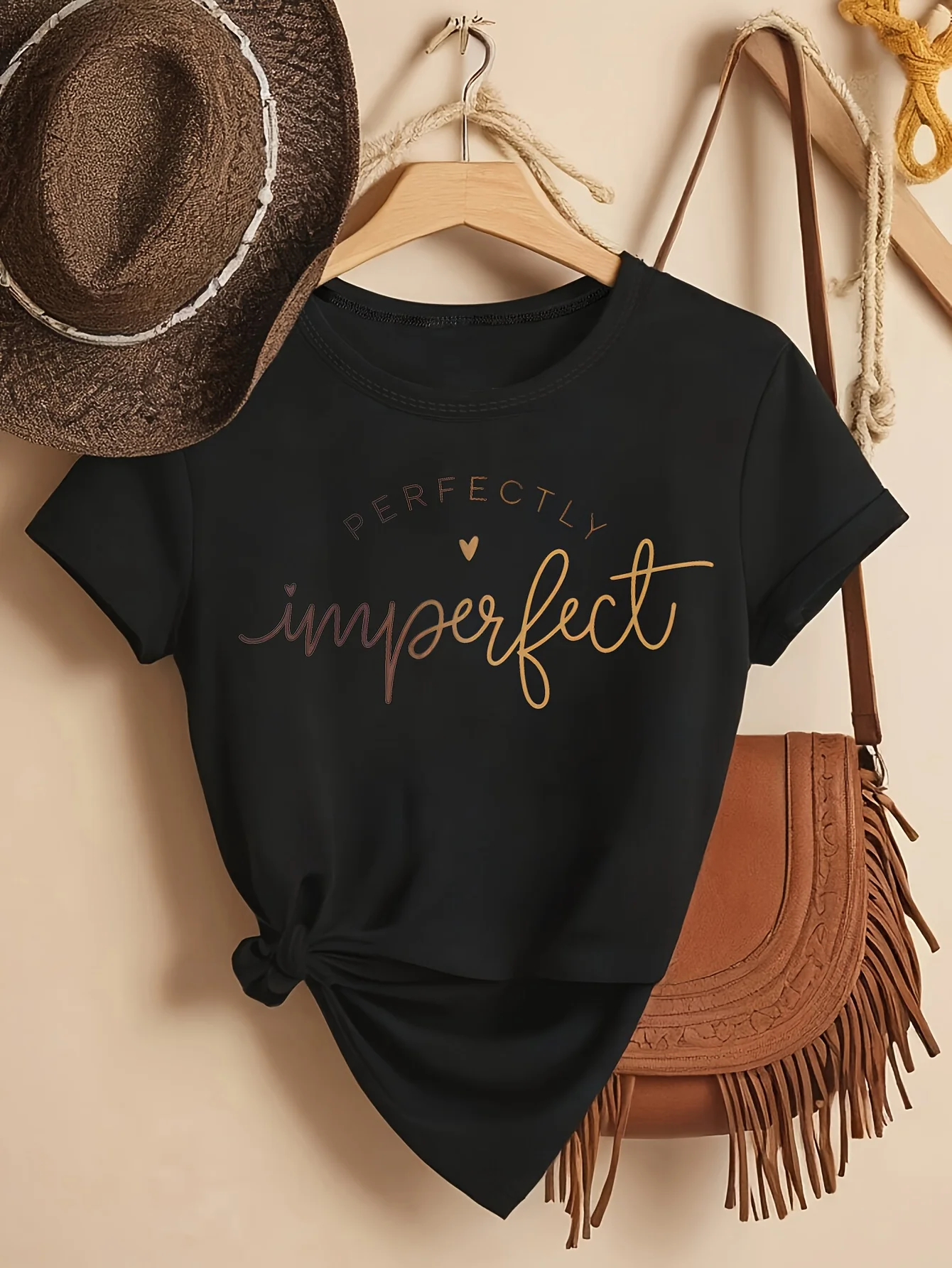 

Women's The Perfect Imperfection T-Shirt Loose Fit Round Neck Short Sleeve Casual Attire with Lettering Print Minimalist Design