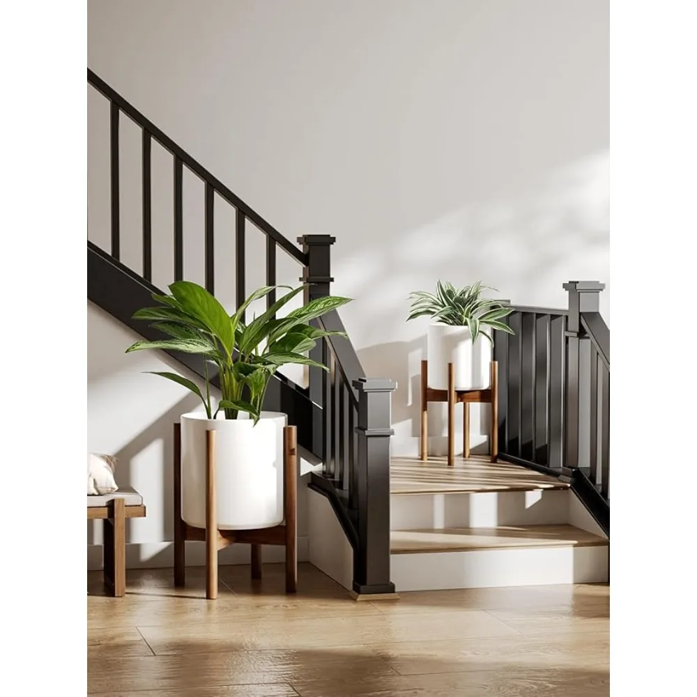 

Indoor Planter with Stand, 10 + 8 Inch, Set of 2, Ceramic Pot for Indoor Plants with Acacia Wood Holder, Mid-Century Modern Hom