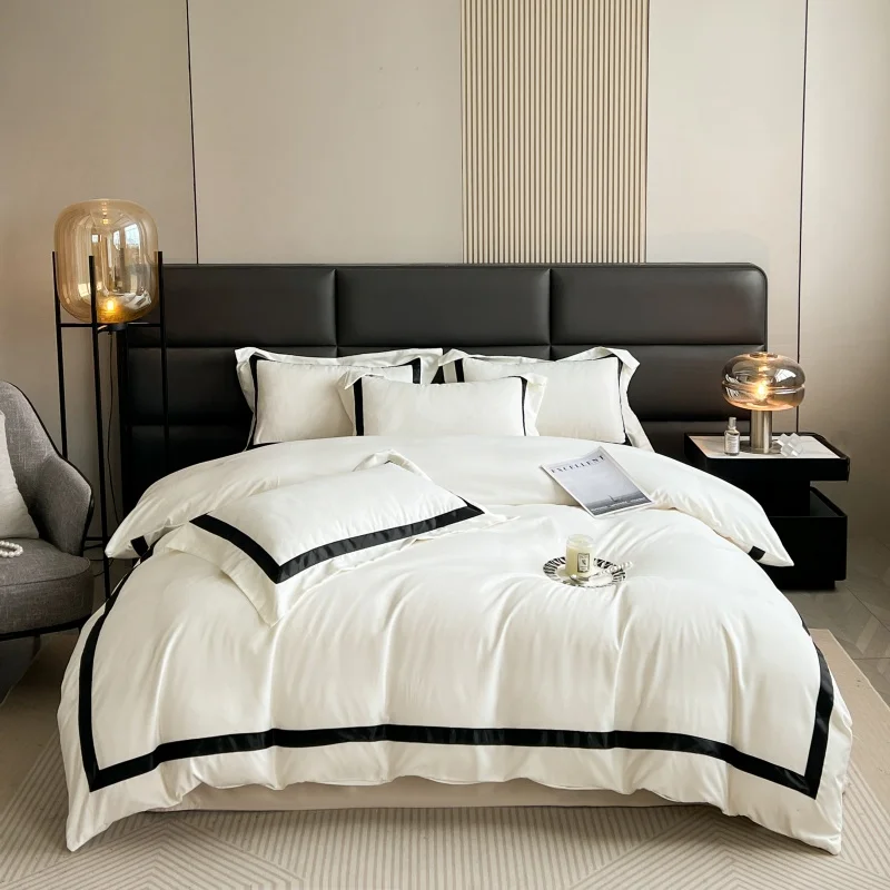 3/4pc Pure Color Bedding Set with Wide Edge Craft Soft Cool Feeling Lightweight Breathable Sweat Absorbent for Bedroom Hotel Dor