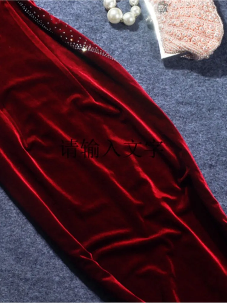 New velvet diamond-encrusted elegant fishtail long cheongsam fashion show performance date dress