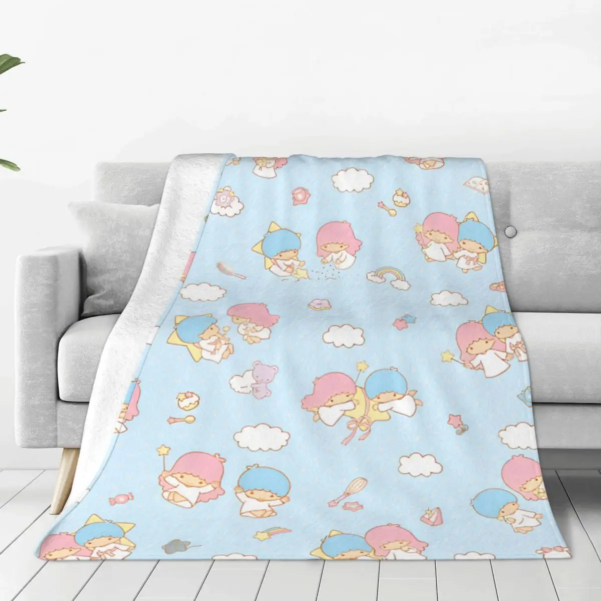 MINISO Little Twins Stars Blanket Super Soft Print Plush Throw Blanket For Living Room Airplane Travel Flannel Bedspread