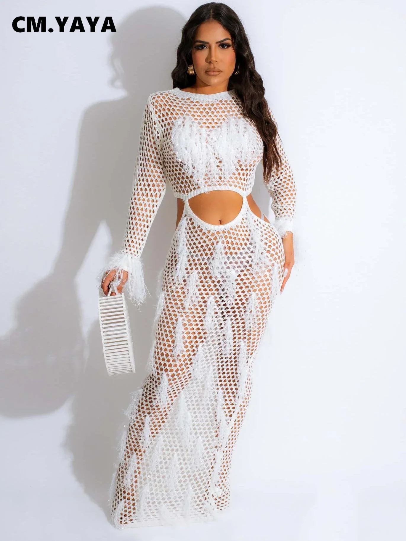 Women Ribbed Knit Crochet Hollow Out Cutout Waist Tassel O-neck Maxi Dress 2023 Fashion Beach Vestidos Sexy Dresses