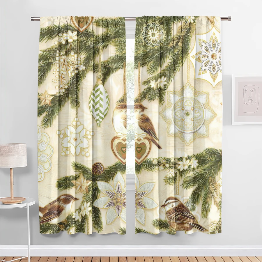2PCS Digital Print Curtains, Cream Gold Pine Branches Snowflake Ornaments Birds White Flowers Heart Decor, Elegant Vintage Style