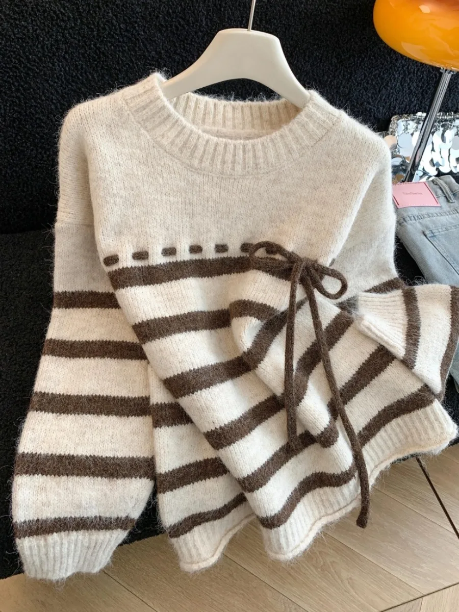 Women's Loose Fit Striped Knitwear Belted Self-Kee Sle Autumn Winter New Lazy Faion Sweater Warm Thiened Long Sve