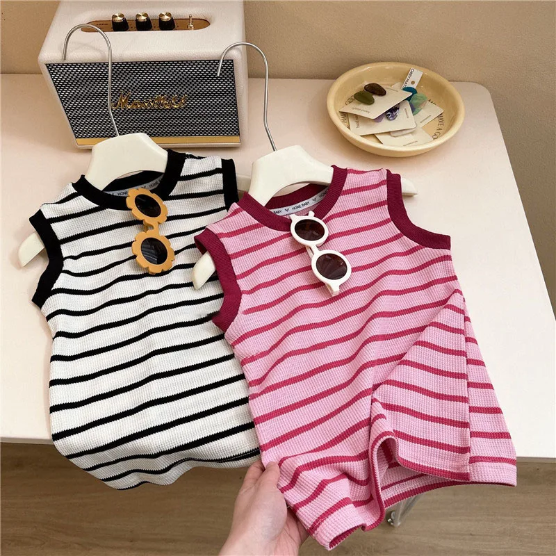 Girls Striped Tank Top Dress 2024 Summer New Fashion  Sleeveless Knitted Dresses Sweet Girl' Elastic Slim Fit Princess Dress