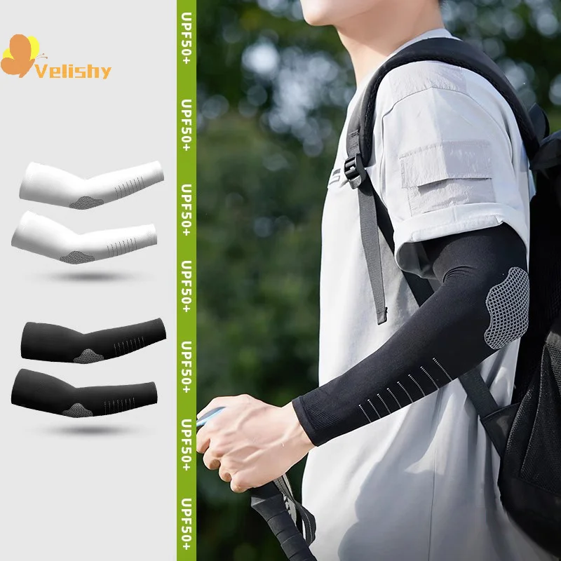 1Pair UPF50+ Arm Sleeves Cool Feeling Breathable Ice Silk Cycling Sleeve Running Fishing Sunscreen Arm Support Unisex
