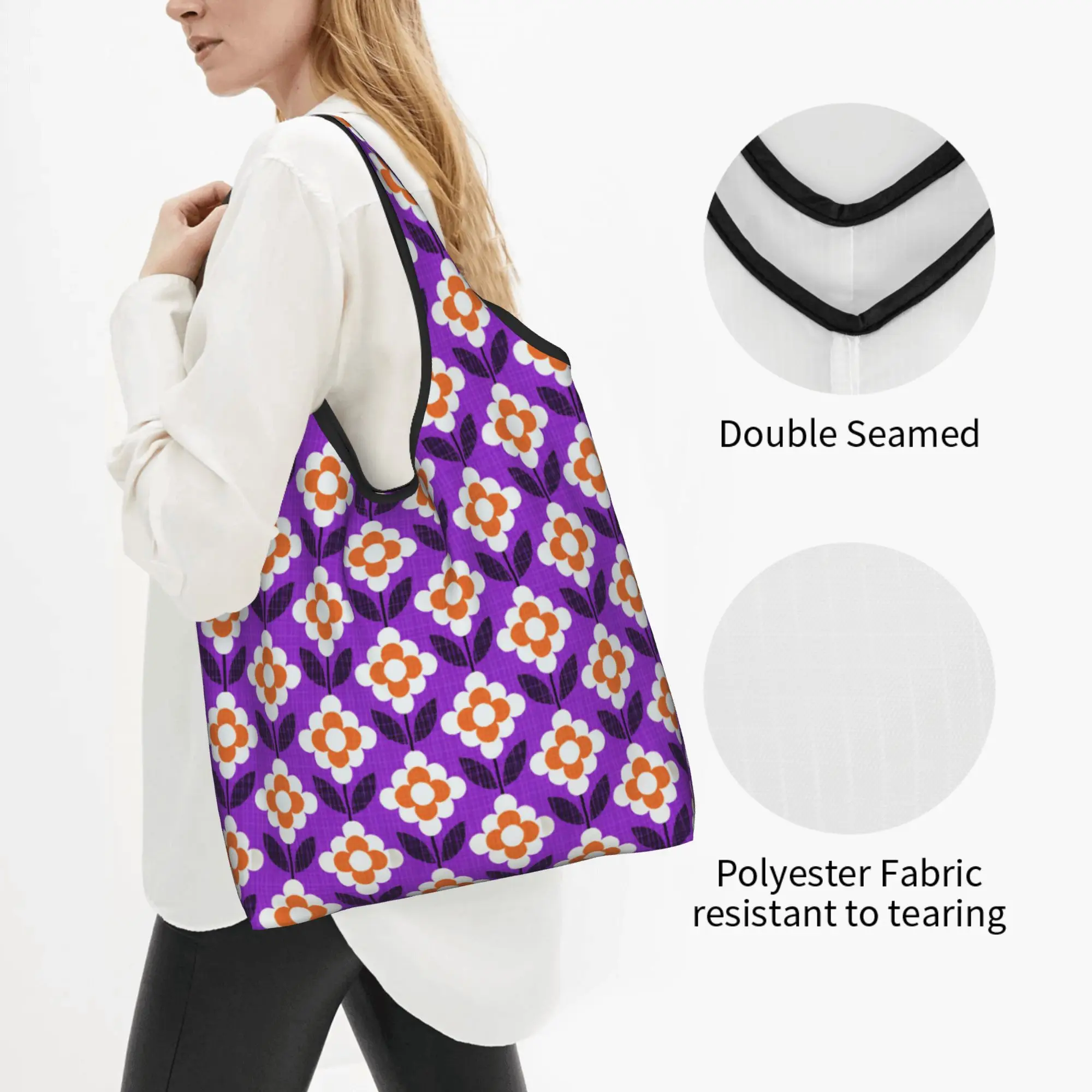 Orla Kiely Flowers  Grocery Shopping Bags Custom Shopper Tote Shoulder Bags  Preloved Blooms Purple Orange  Handbag