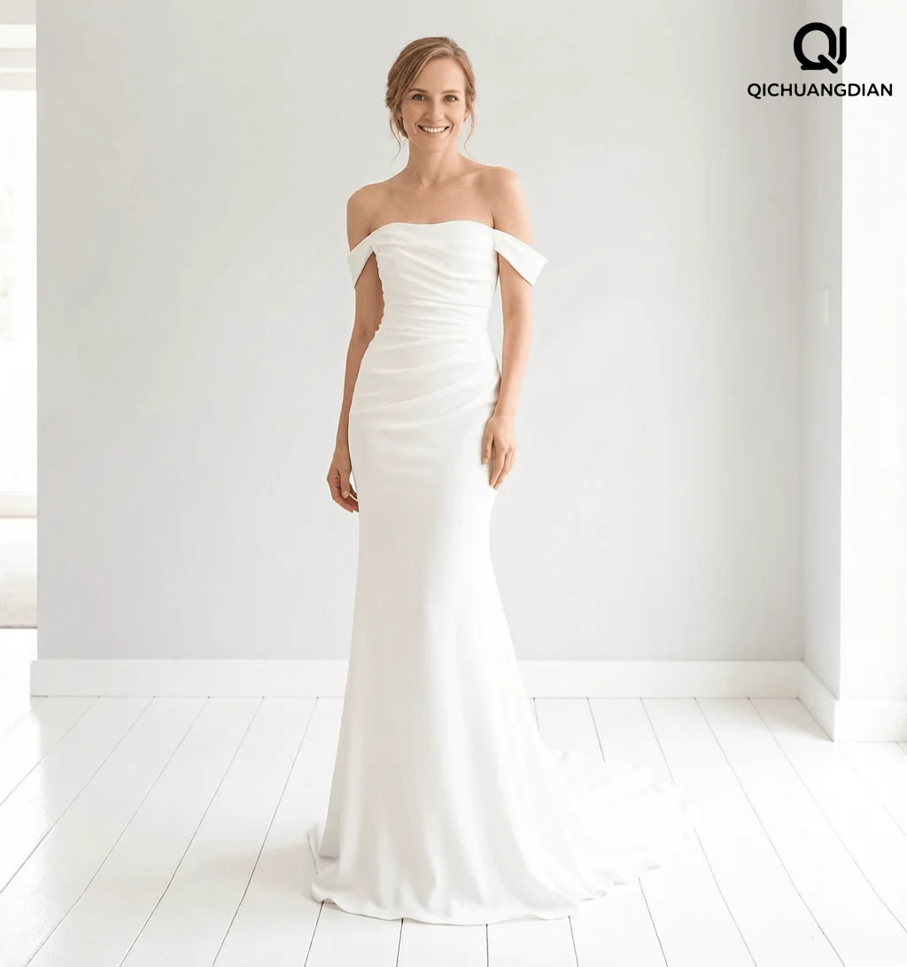 

Customized Simple Off The Shoulder Button Pleat Soft Satin Pleat Strapless Mermaid Wedding Dresses Bridal Grown Rode De Morrie