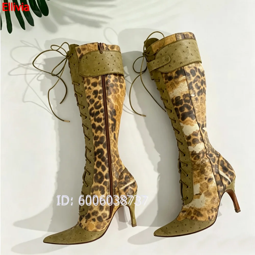 Women Knee High Leopard Print Boots Olive Green Spliced Pointed Toe Stiletto Heel Side Zipper Lace Up Vintage Party  Long Boots